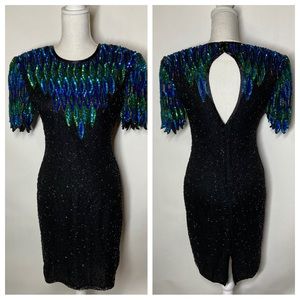 Stenay Size P2 Petite 2 Black 100% Silk Beaded  Sequin Cocktail Flapper Dress